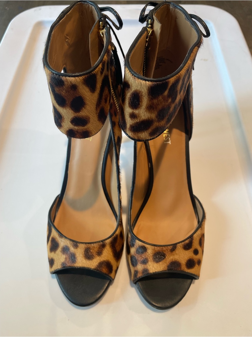 Nine West Leopard Print Ankle Strap High Heels - Brown/Black